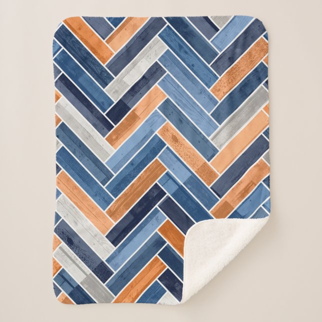 Herringbone-Muster in Navy Blue und Orange Sherpadecke (Vorderseite)