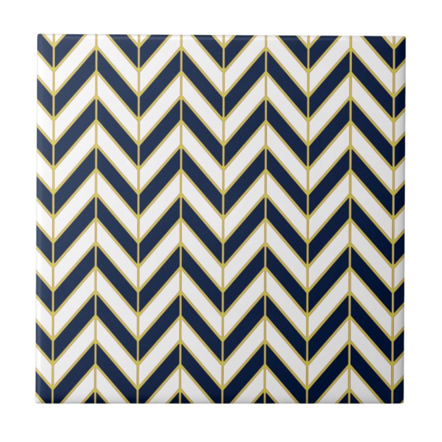 Herringbone-Muster-Pillow in Navy, White und Gold Fliese (Vorderseite)