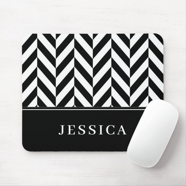 Herringbone-Muster Schwarz-Weiß-Individuelle Name Mousepad (Mit Mouse)