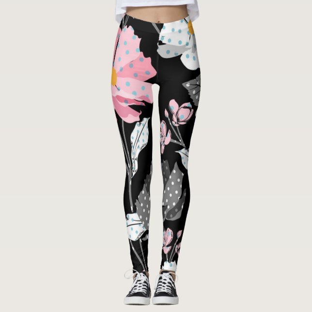 Herrlich rosa, schwarz, grau Abstrakte Blütenleder Leggings (Vorderseite)
