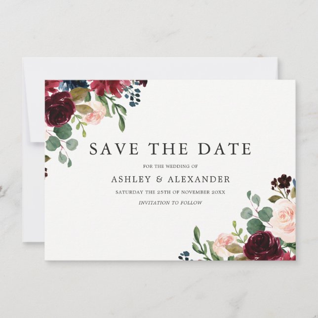 Herrliche Blume Blush & Burgund Hochzeit Save The Date (Vorderseite)