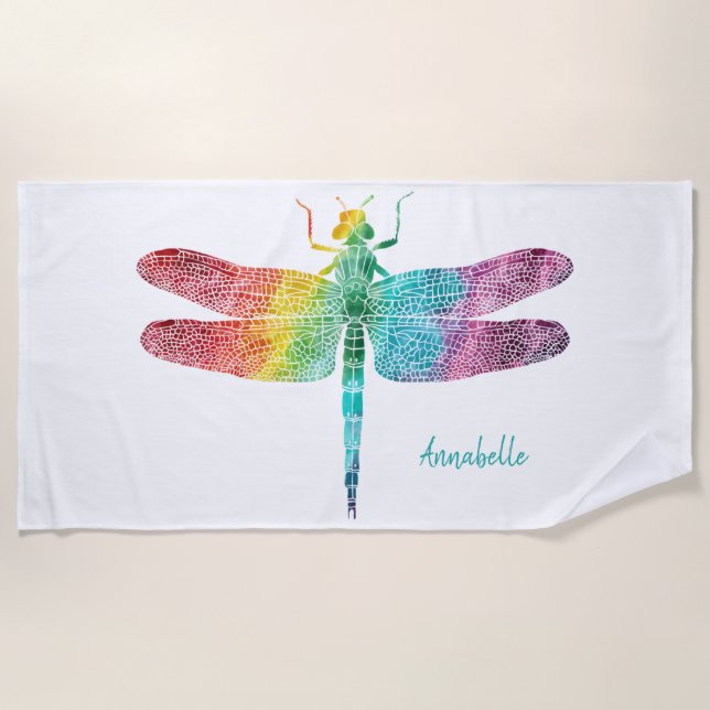 Herrliche Regenbogenwatercolor-Libelle Strandtuch (Vorderseite)