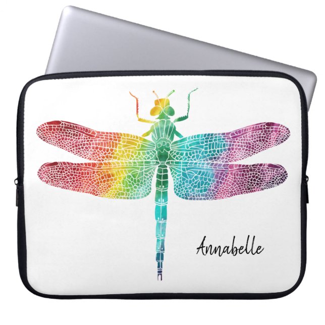 Herrliche Regenbogenwatercolor-Libellen-Silhouette Laptopschutzhülle (Vorderseite)