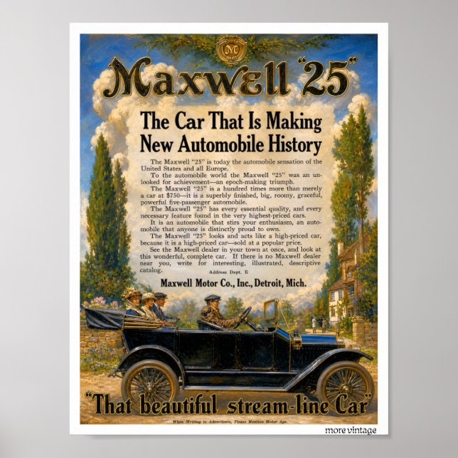herrliche VOLLFARBE auto werbung MAXWELL c1925 Poster (Vorne)