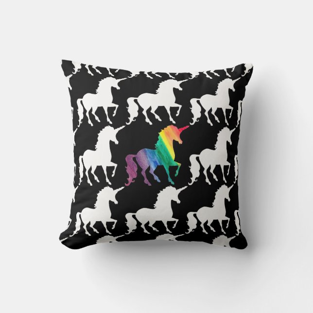 Herrlicher Einhorn-Regenbogen-schwarzes u. weißes Kissen (Vorderseite)