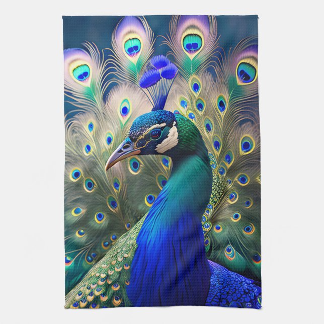 Herrlicher Pfau mit aquamarinem und goldenem Abstu Geschirrtuch (Vertikal)