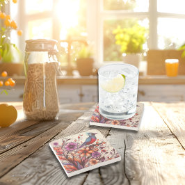 Herrlicher Roter Vogel und Blütensommer Steinuntersetzer