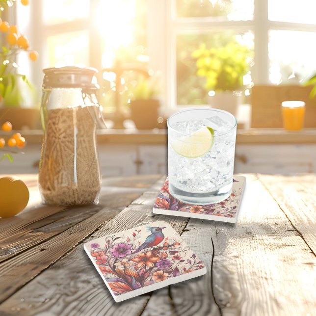 Herrlicher Roter Vogel und Blütensommer Steinuntersetzer (Gorgeous Red bird and floral Summer Stone Coaster)