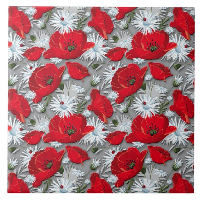 Herrliches rotes Mohnblumensommer-Blumenmuster Fliese (Vorderseite)