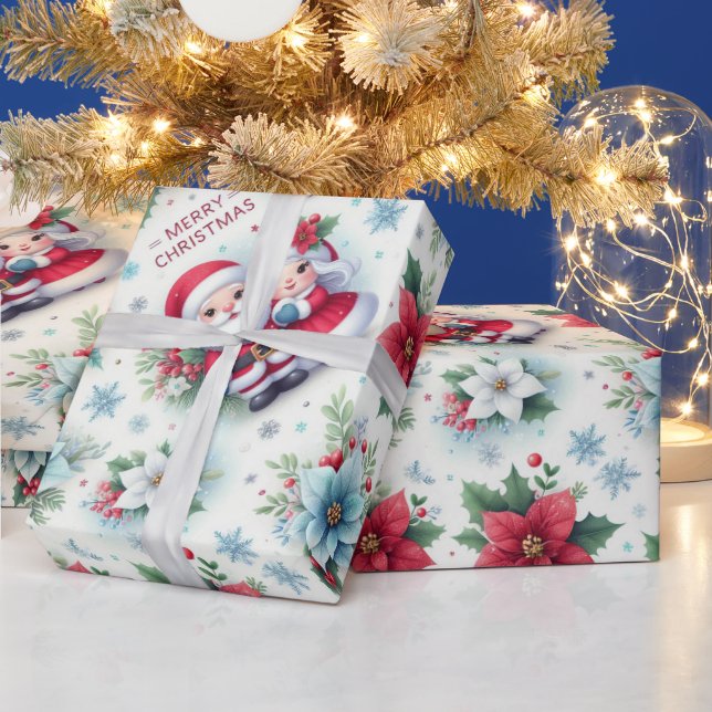 Herrn Claus, Rudolph, Poinsettias und Holly Geschenkpapier (Feiertage)