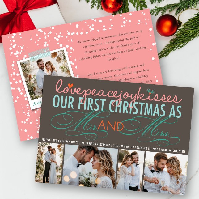 Herrn und Frau Erstes Weihnachten 4 Foto Feiertag  (Love Peace Joy Kisses - Mr & Mrs First Christmas 4 Photo Holiday Wedding Announcement by fat*fa*tin)