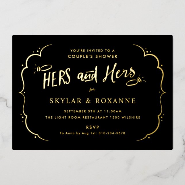 Hers and Hers Gay Couples Dusche Gold Folieneinladung (Vorderseite)