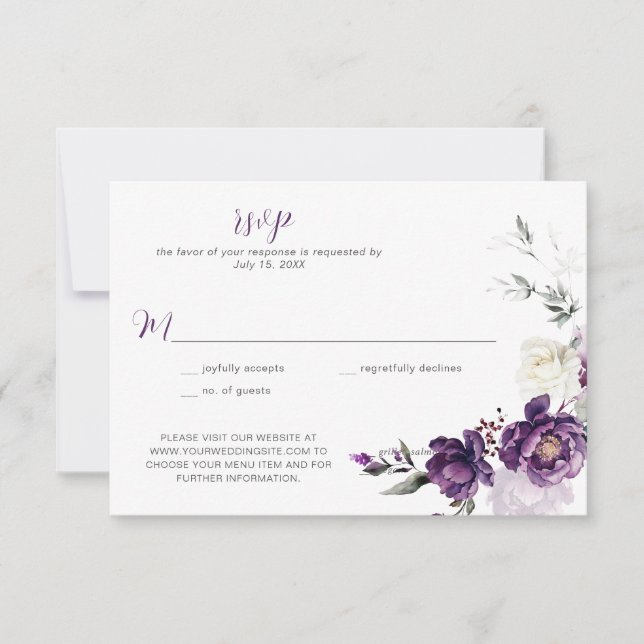 Herunterladbare Lila Peonies Floral Wedding RSVP Einladung (Vorderseite)