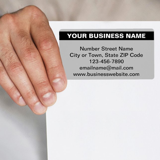 Hervorhebung der Markenbezeichnung "Graue Versandm (Gray shipping label with your highlighted business name)