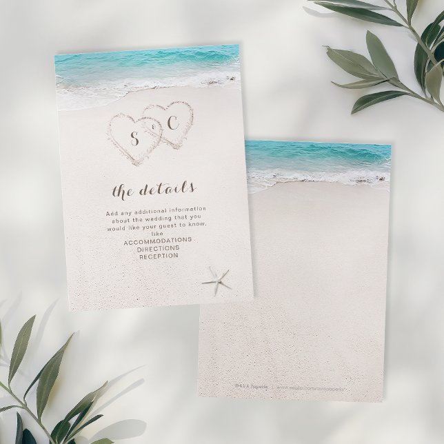 Herz am Sandstrand Hochzeit Begleitkarte (Hearts in the sand destination beach wedding enclosure card)