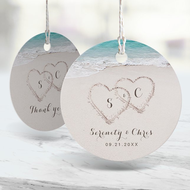Herz am Sandstrand Hochzeit Geschenkanhänger (Hearts in the sand destination beach wedding favor tags)