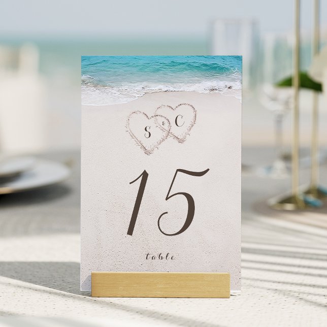 Herz am Sandstrand Hochzeit Tischnummer (Hearts in the sand destination beach wedding table number)