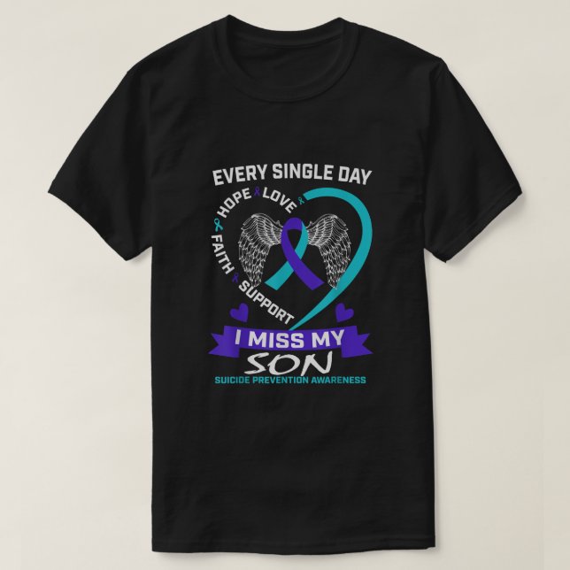 Herz Aquamarin Lila I Miss My Son Suicide Bewussts T-Shirt (Design vorne)