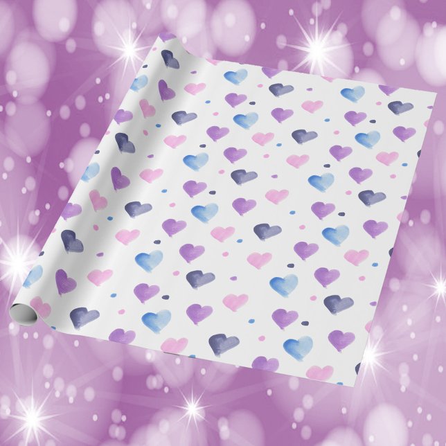 Herz-Aquarellmuster Pink Blau Lila Geschenkpapier (Gift wrapping with a heart and polka dot pattern done in pink, blue and purple.)