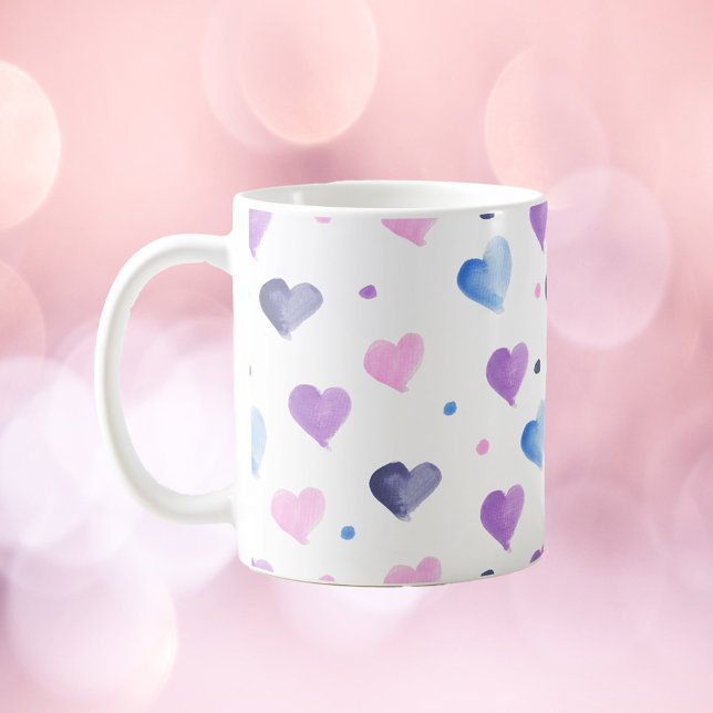 Herz-Aquarellmuster Pink Blau Lila Kaffeetasse (A cute mug with a watercolor pattern of blue, pink and purple hearts and dots.)