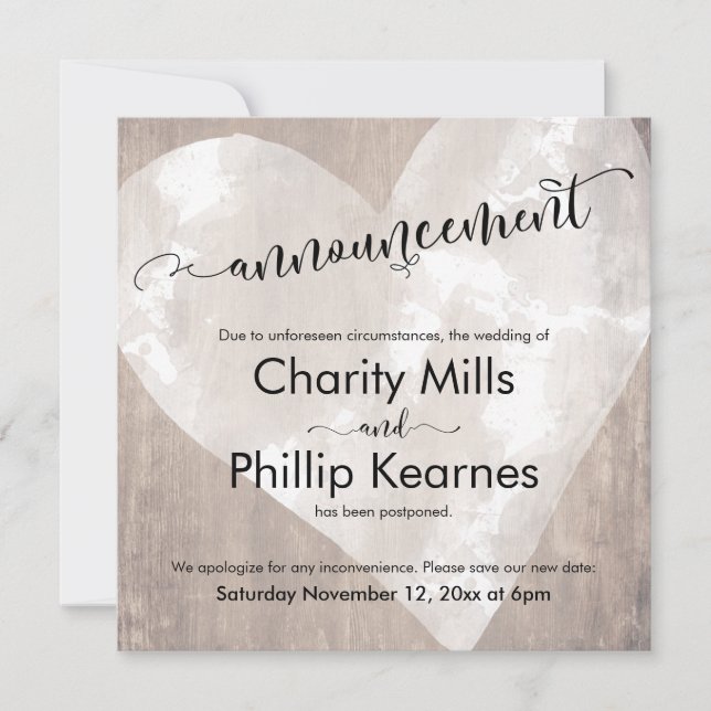 Herz auf Holz verschoben Hochzeit Ankündigung (Vorderseite)