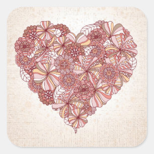 Herz aus handgezeichneten Blumen Quadratischer Aufkleber