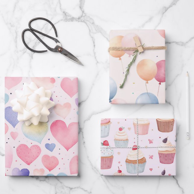 Herz Balloons Cup Kuchen Wrapping Papier Set 3 (Vorderseite)