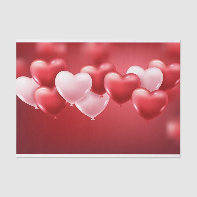 Herz Balloons Seidenpapier (A digital illustration features a cluster of heart-shaped balloons against a gradient red background)