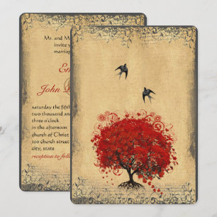 Herz Blatt Rote Baum Vintage Vögel Basis Papier Einladung