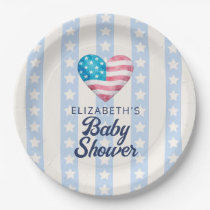 Herz & blaue Sterne Streifen Junge Baby Shower Pappteller