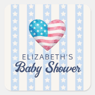 Herz & Blaue Sterne Streifen Junge Baby Shower Quadratischer Aufkleber