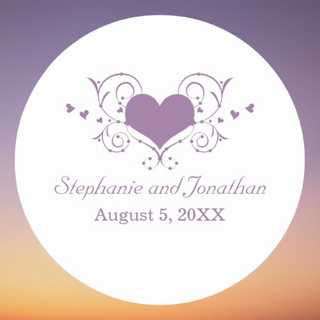 Herz Blühe Hochzeitskleber, Lila Runder Aufkleber (Heart Flourish Wedding Stickers | Purple)