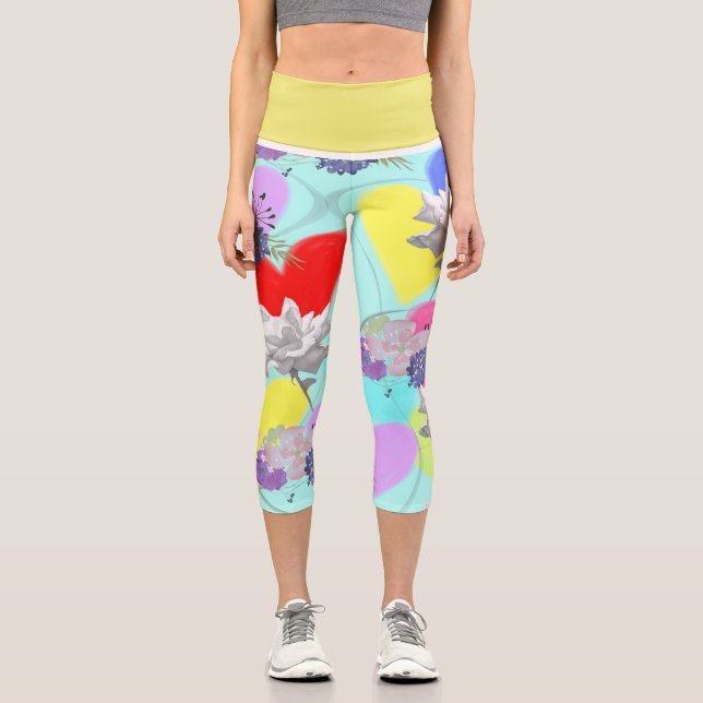 Herz & Blume mit Aqua-Hintergrund Capri Leggings (Vorderseite)