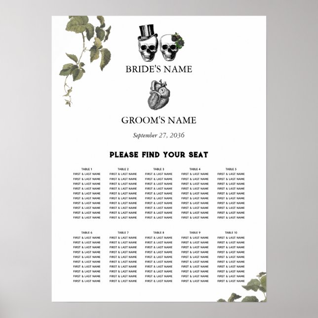 Herz-Blütenskulls Hochzeitstabelle Poster (Vorne)