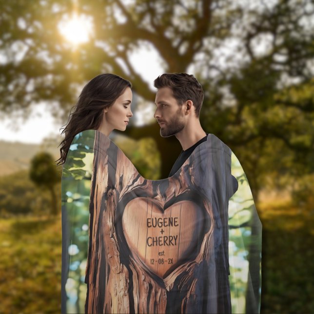 Herz Carved Names Wood Tree Trunk Fleece Blanket (Personalized Blanket Carved Heart On Tree Trunk Couple's Names and Date Valentines Anniversary Gift)