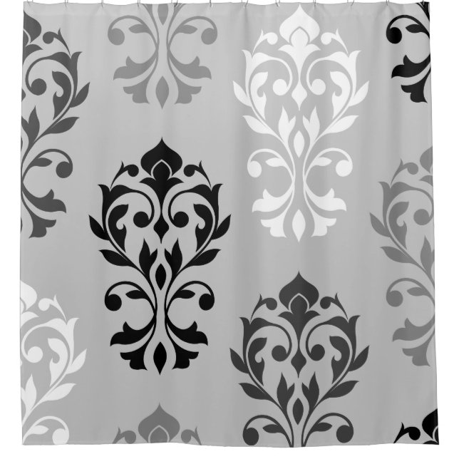 Herz Damask Art I Black Grays White Duschvorhang (Vorderseite)