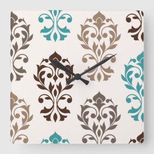 Herz Damask Art I Browns Aquamarine Cream Quadratische Wanduhr