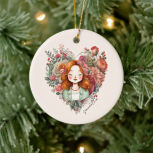 Herz der Blüten - Frau in floralem Herz gerahmt Keramik Ornament