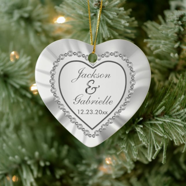 Herz Diamond & White Satin - Hochzeit Keramik Ornament (Baum)