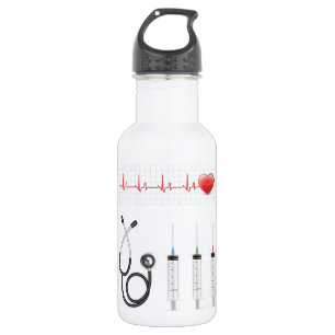 Herz-EKG-Monitor mit Stethoskop und Spritzen Edelstahlflasche