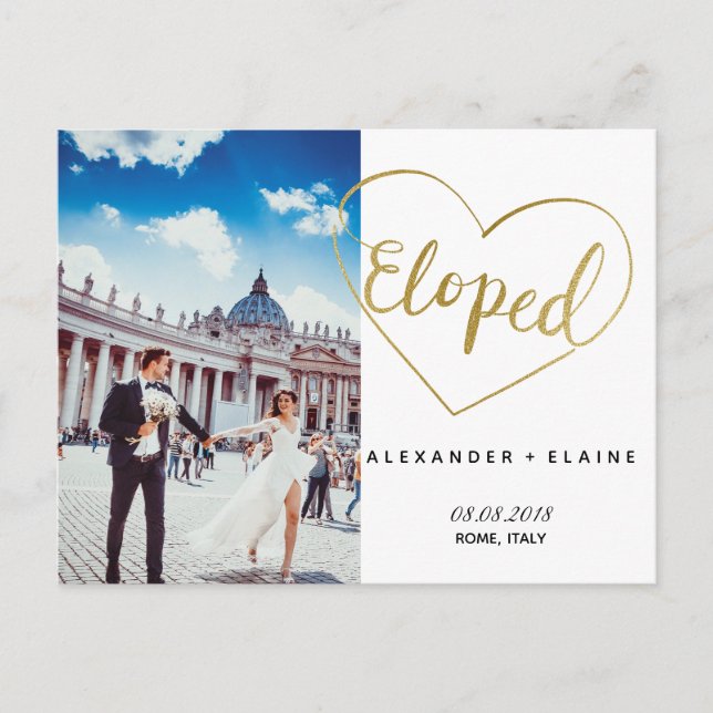 Herz Eloped Eriage Imitats Gold Announccard Ankündigungspostkarte (Vorderseite)