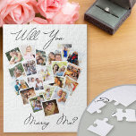 Herz Foto Collage werden Sie heiraten mir Skript Puzzle<br><div class="desc">Heart Shaped Foto Collage Puzzle mit 20 Ihrer Lieblings-Fotos. Wird You Marry Me? in handgeschriebenen Skripten geschrieben und Ihre Fotos werden in quadratischem Format auf Snapshot-Hintergründen in einer Bildmontage in Herzform dargestellt.</div>