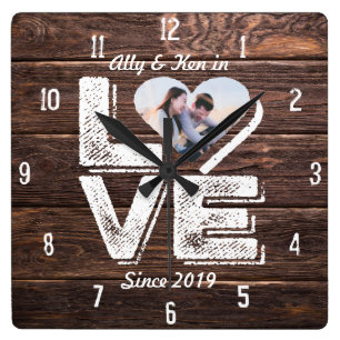 Herz-Foto Rahmen Liebe Rustikales Holz Monogramm Quadratische Wanduhr