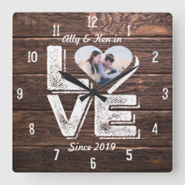 Herz-Foto Rahmen Liebe Rustikales Holz Monogramm Quadratische Wanduhr