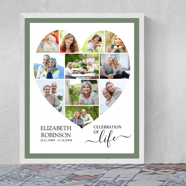 Herz geformt 11 Fotokollage Feier des Lebens Poster (Funeral memorial poster to order professionally printed or as a printable digital download)