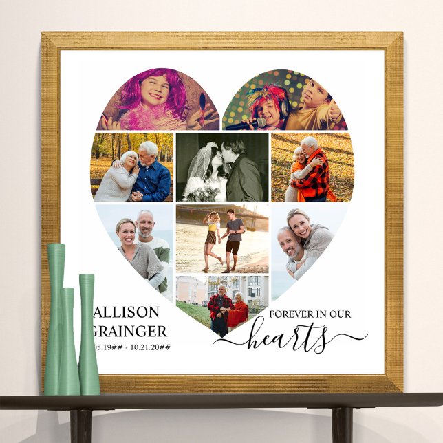 Herz geformt 9 Foto Collage Forever in unseren Her Poster (Funeral memorial poster to order professionally printed or as a printable digital download)