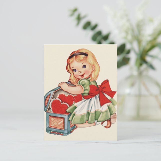 Herz Girl Child Retro Niedliche Kinder Postkarte (Stehend Vorderseite)
