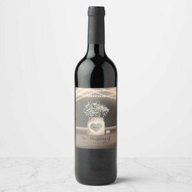 Herz Glows Mason Jar & Gipskraut Weinkeller Weinetikett (Vorderseite)