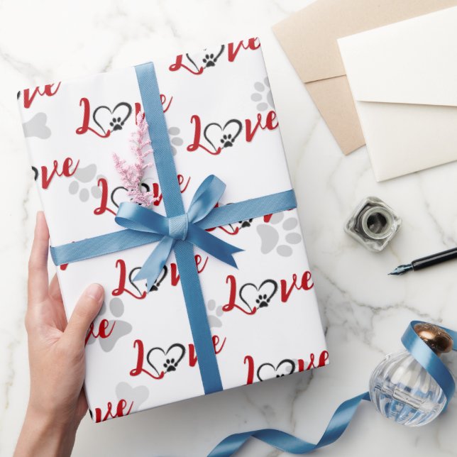 Herz Hund Pfotenabdrücke mit Liebe Text Geschenkpapier (Schenken)