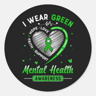 Herz Ich trage Grün für Mental Health Awareness Mo Runder Aufkleber